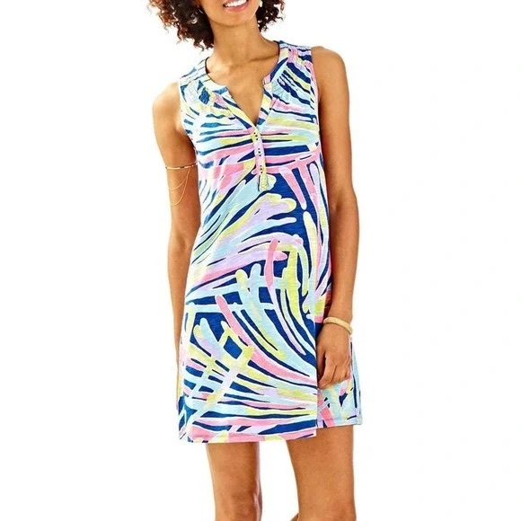 Lilly Pulitzer The Essie Dress in Indigo Sea Dreamin  smock neck gold buttons M - Picture 15 of 16